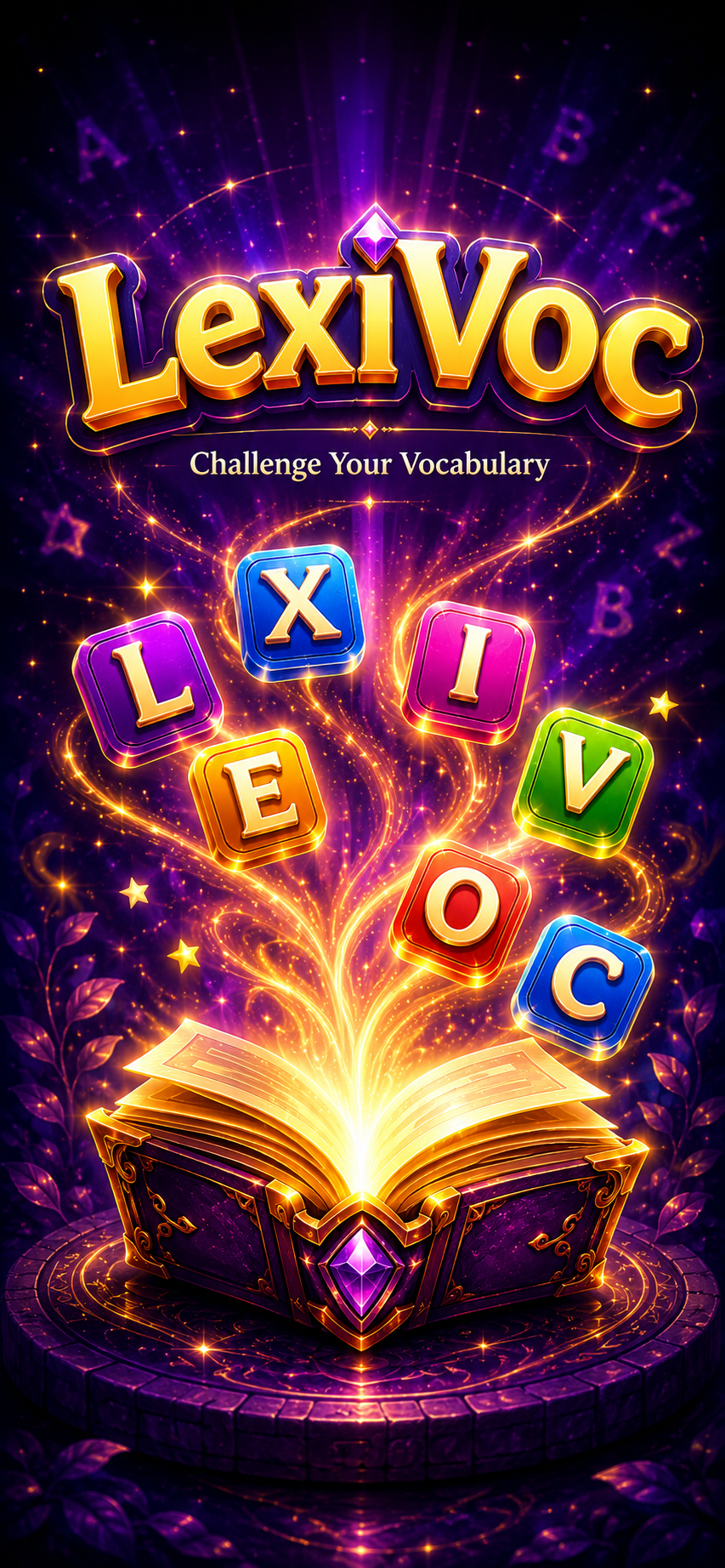 LexiVoc logo with letter tiles rising from a magical book